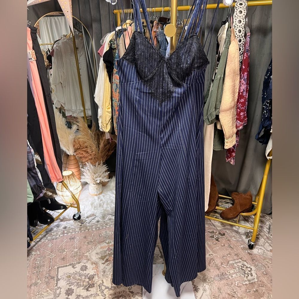 Free People Ava Pinstripe One Piece Jumpsuit in Blue Combo - Picture 7 of 7